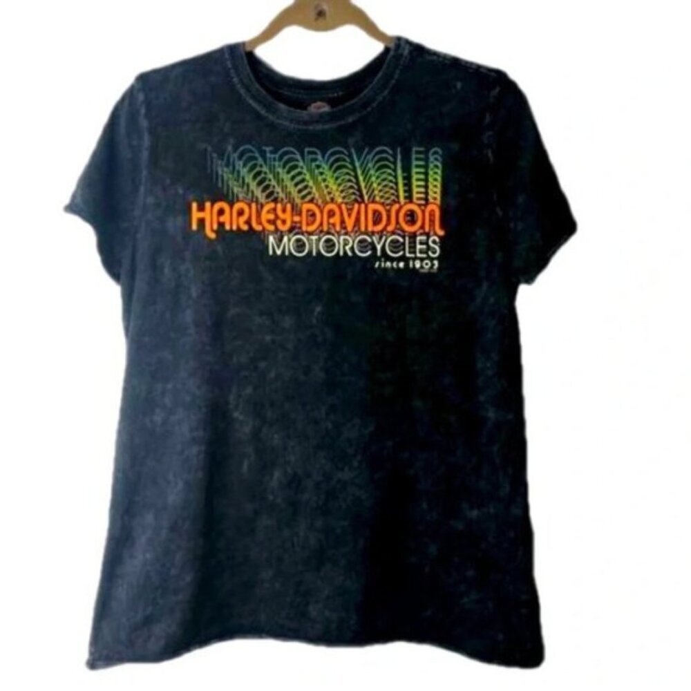 Harley Davidson Women's Tee Black Acid Wash Logo Large